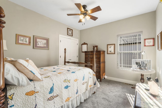 bedroom with light carpet and ceiling fan