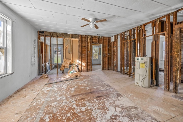 miscellaneous room with ceiling fan and water heater