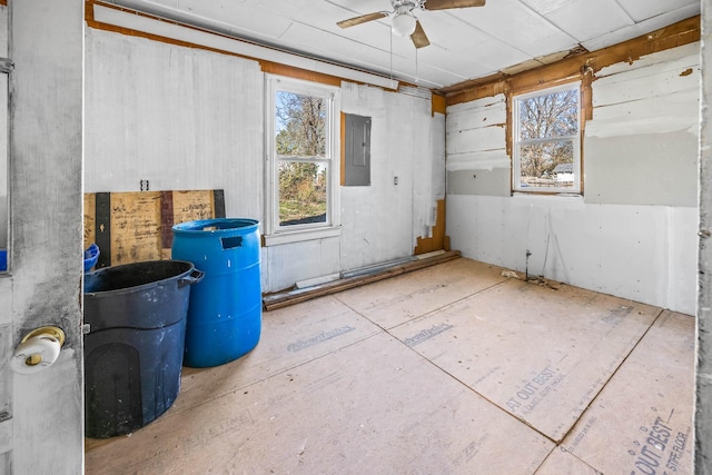 interior space featuring electric panel and ceiling fan