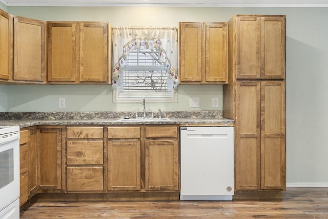 1259 Meadowview Rd, Galena, MO 65656 - kitchen with white appliances, a sink, dark wood finished floors, brown cabinets, and dark countertops