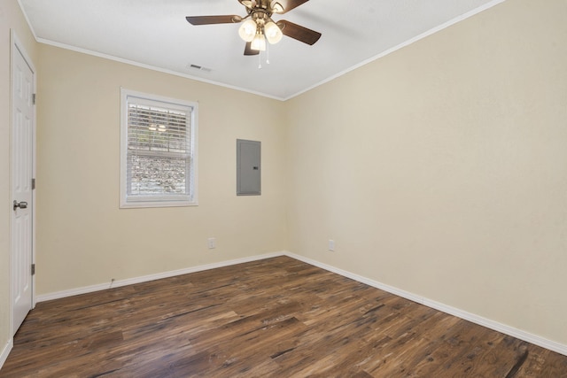 1259 Meadowview Rd, Galena, MO 65656 - unfurnished room featuring electric panel, ceiling fan, dark wood-style floors, baseboards, and crown molding