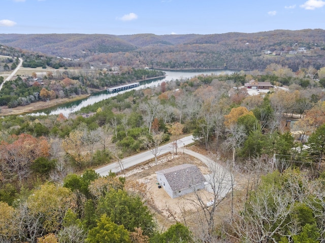 birds eye view of property with a water and mountain view