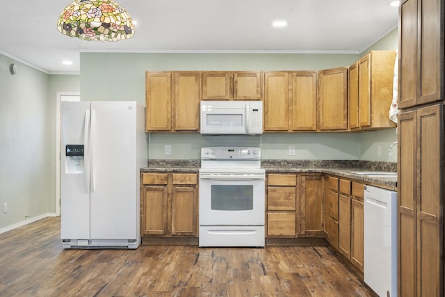 1259 Meadowview Rd, Galena, MO 65656 - kitchen featuring white appliances, ornamental molding, dark countertops, dark wood-style floors, and recessed lighting