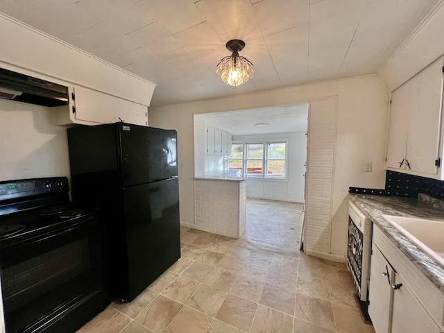 kitchen featuring exhaust hood, sink, black appliances, white cabinetry, and hanging light fixtures