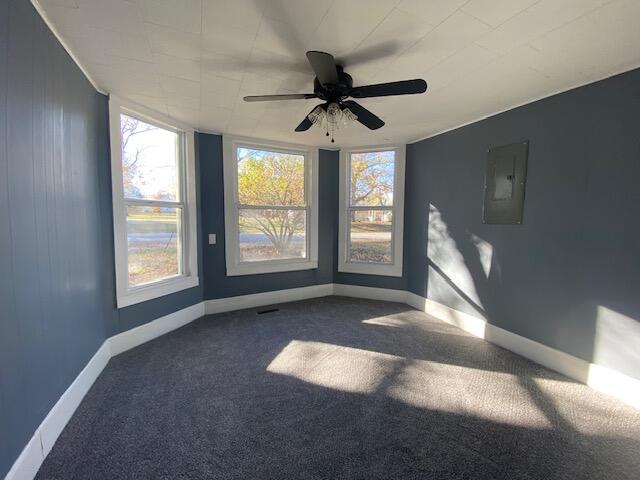 spare room with electric panel, ceiling fan, and dark carpet