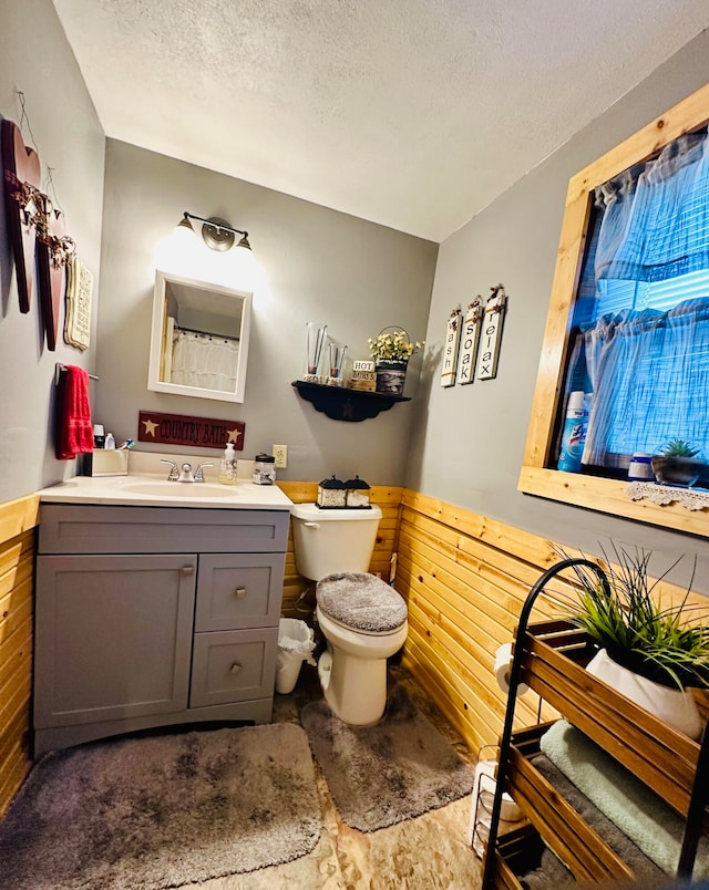 bathroom with vanity, toilet, a textured ceiling, and wooden walls