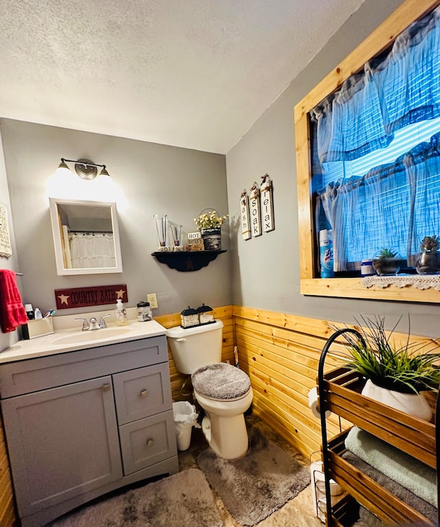 bathroom featuring wooden walls, vanity, a textured ceiling, and toilet