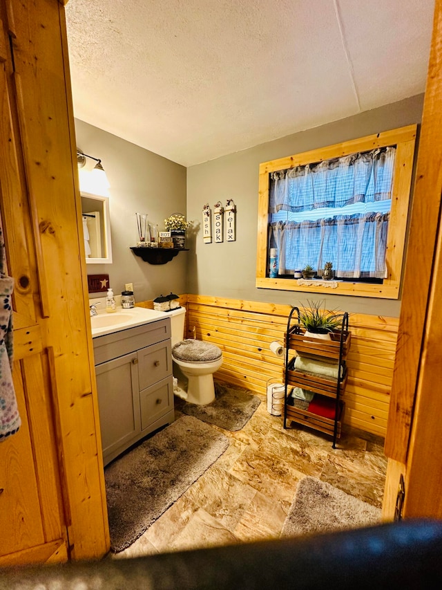 bathroom featuring vanity, wood walls, toilet, and a textured ceiling