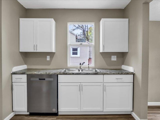 kitchen with white cabinetry, stainless steel dishwasher, dark hardwood / wood-style floors, and sink