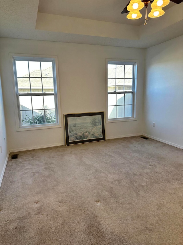 unfurnished living room featuring light carpet and a raised ceiling