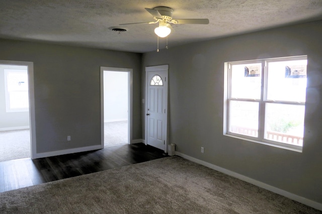 foyer featuring a textured ceiling, plenty of natural light, dark wood-type flooring, and ceiling fan