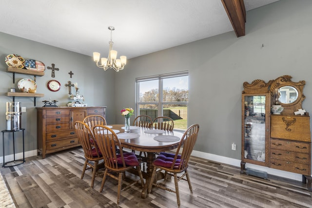 dining area with hardwood / wood-style floors, beamed ceiling, and a notable chandelier