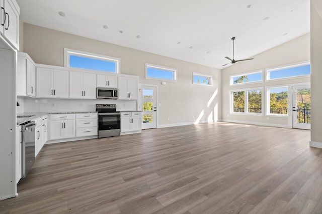 kitchen featuring white cabinets, high vaulted ceiling, a healthy amount of sunlight, and appliances with stainless steel finishes