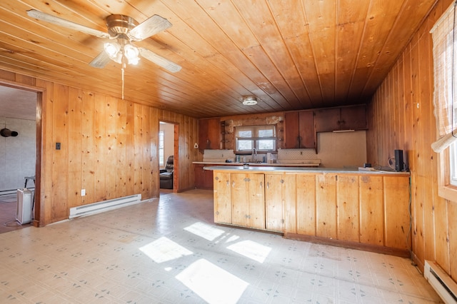 kitchen featuring wood walls, kitchen peninsula, and a baseboard radiator