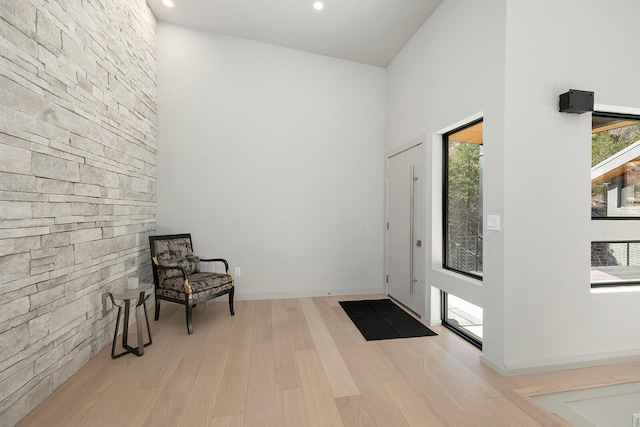 entryway with a high ceiling, light wood-type flooring, and a healthy amount of sunlight