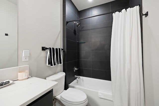 full bathroom with vanity, shower / bath combination with curtain, and toilet