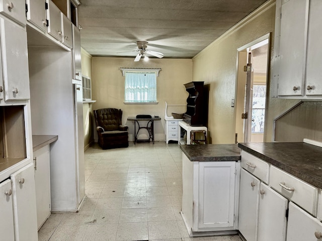 kitchen with ceiling fan, crown molding, and white cabinets