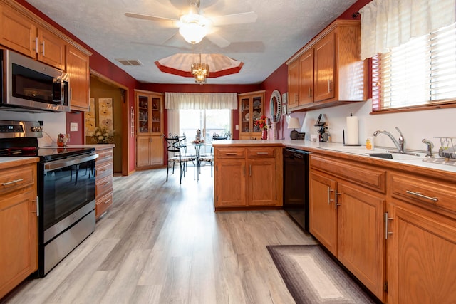 kitchen featuring ceiling fan with notable chandelier, stainless steel appliances, a textured ceiling, and light wood-type flooring