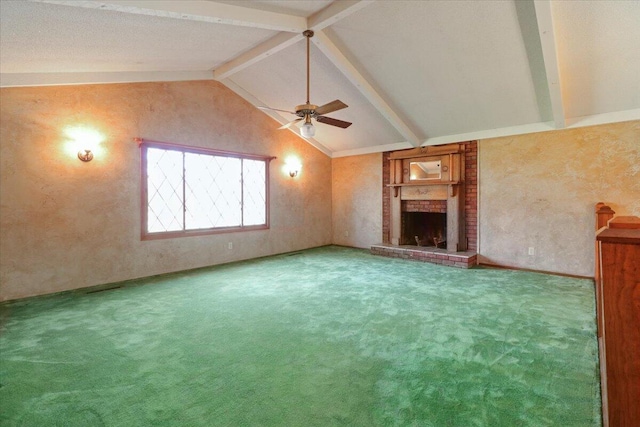 2112 Cambridge Dr, West Plains, MO 65775 - unfurnished living room featuring ceiling fan, carpet floors, and a brick fireplace