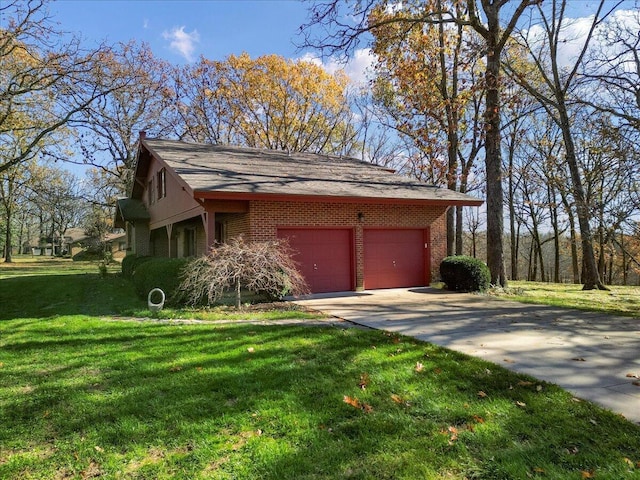 2112 Cambridge Dr, West Plains, MO 65775 - view of side of home with brick siding, driveway, a garage, and a lawn