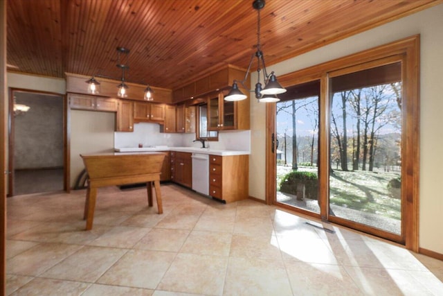 2112 Cambridge Dr, West Plains, MO 65775 - kitchen featuring white dishwasher, brown cabinets, wood ceiling, decorative light fixtures, and light countertops