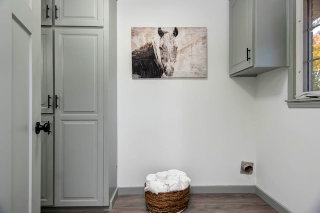 washroom featuring cabinets, wood-type flooring, and hookup for an electric dryer