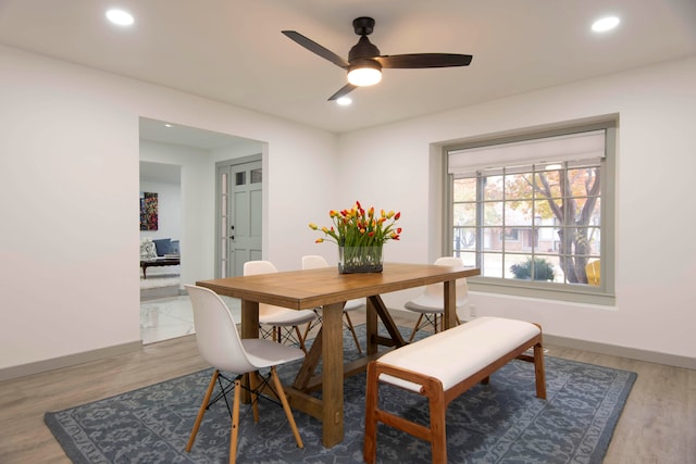 dining space with hardwood / wood-style floors and ceiling fan