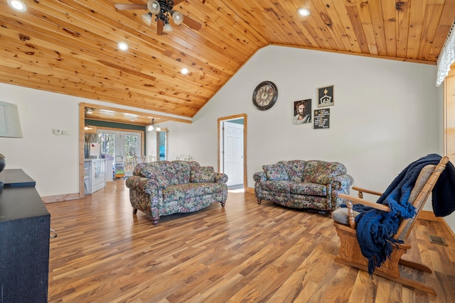 living room with ceiling fan, french doors, wooden ceiling, vaulted ceiling, and light wood-type flooring