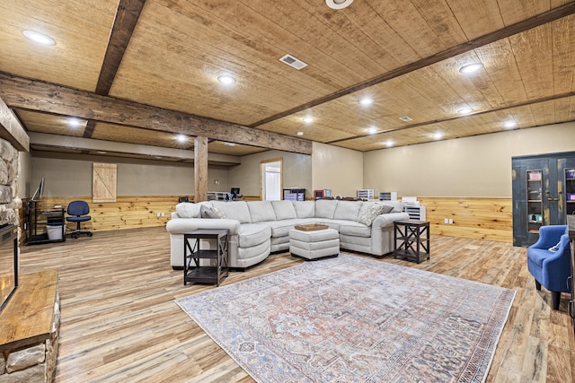 living room with beamed ceiling, wood-type flooring, wood ceiling, and wooden walls