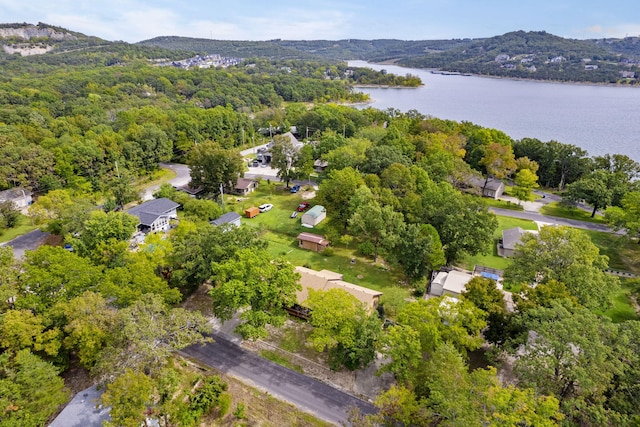 drone / aerial view with a water view