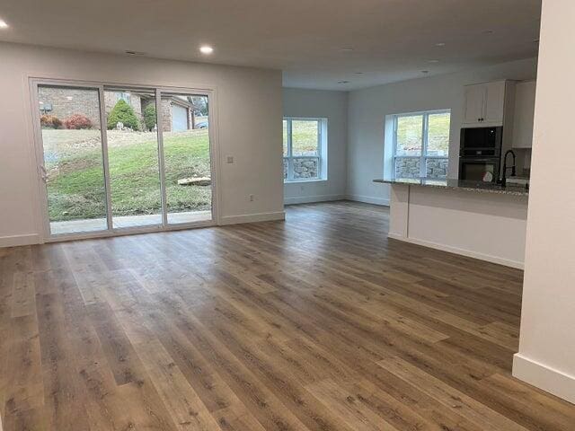 unfurnished living room featuring a wealth of natural light, sink, and dark wood-type flooring