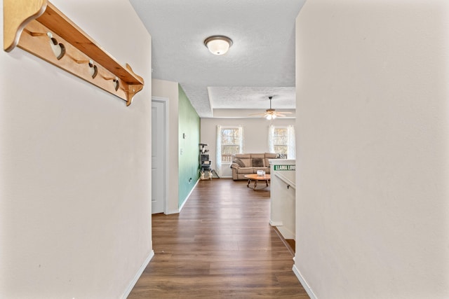 corridor with dark hardwood / wood-style flooring and a textured ceiling