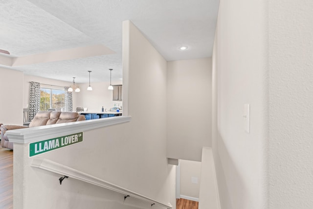 stairway featuring hardwood / wood-style floors and a textured ceiling