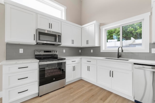 kitchen featuring decorative backsplash, stainless steel appliances, sink, light hardwood / wood-style floors, and white cabinetry