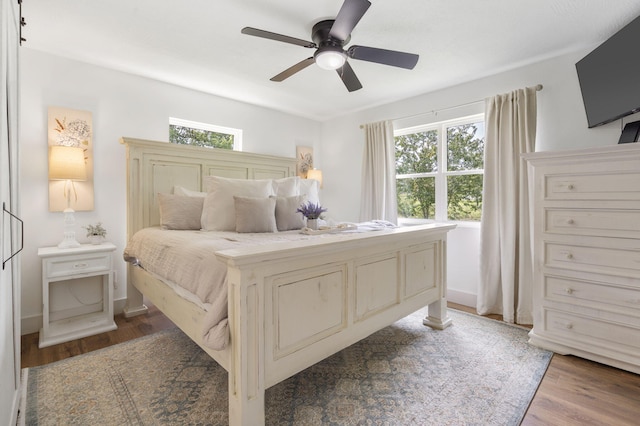 bedroom featuring multiple windows, ceiling fan, and dark hardwood / wood-style floors