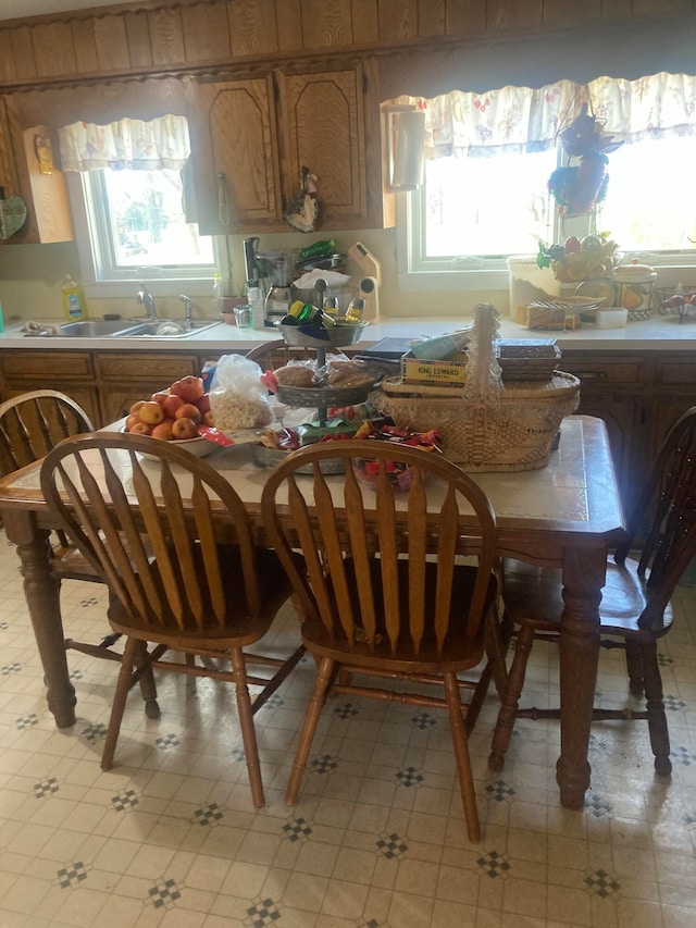 dining space featuring plenty of natural light, wood walls, and sink