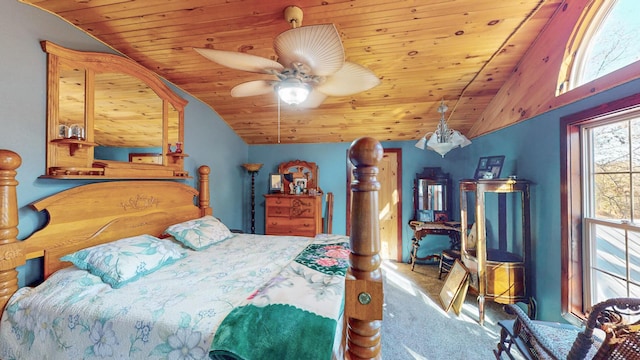 bedroom with carpet floors, vaulted ceiling, ceiling fan, and wooden ceiling