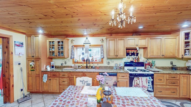 kitchen featuring an inviting chandelier, sink, dishwashing machine, white range oven, and wood ceiling