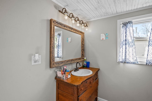 bathroom featuring vanity and wood ceiling