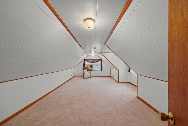 additional living space featuring carpet flooring, a textured ceiling, and vaulted ceiling