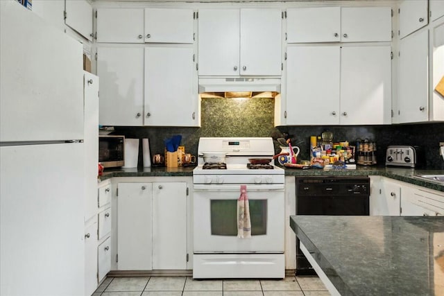 kitchen with tasteful backsplash, white cabinetry, and white appliances