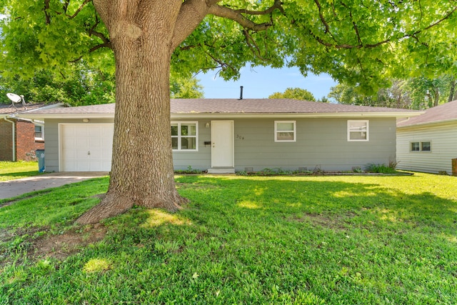 single story home with a garage and a front yard