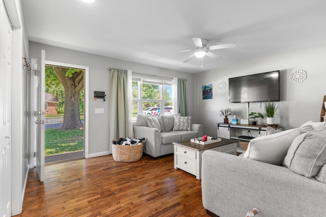 living room with ceiling fan and dark wood-type flooring