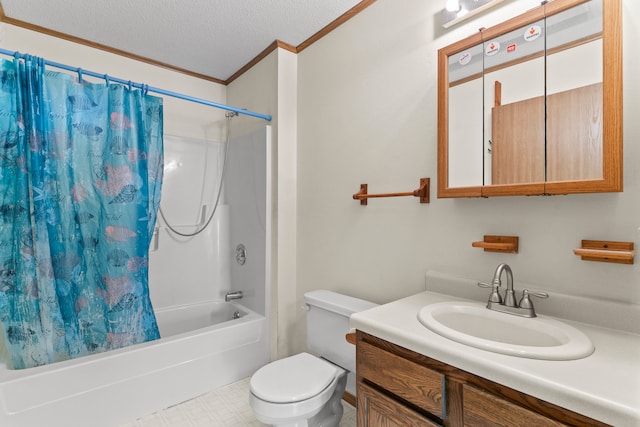 full bathroom featuring shower / bath combo, ornamental molding, vanity, a textured ceiling, and toilet