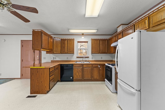 kitchen with white appliances, sink, ceiling fan, a textured ceiling, and kitchen peninsula