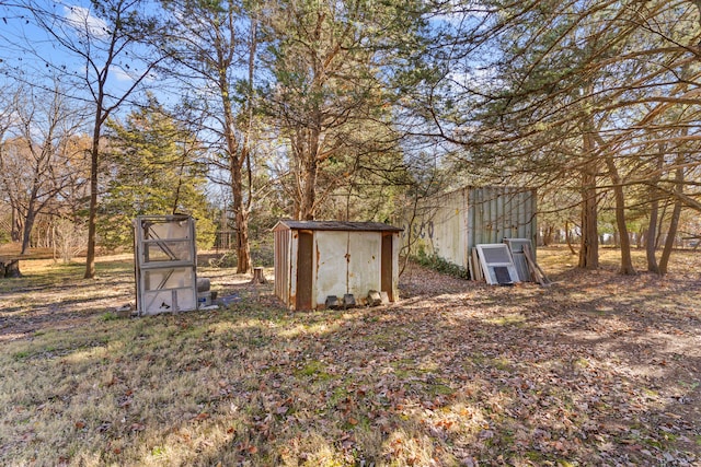 view of yard featuring a storage unit