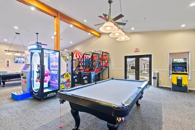 rec room featuring carpet, french doors, beam ceiling, high vaulted ceiling, and pool table