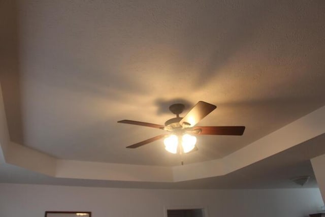 room details featuring ceiling fan and a raised ceiling