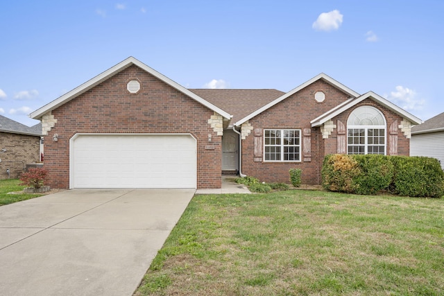 single story home featuring a front lawn and a garage