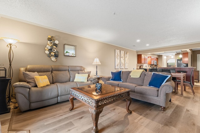 living room featuring crown molding, light hardwood / wood-style floors, and a textured ceiling